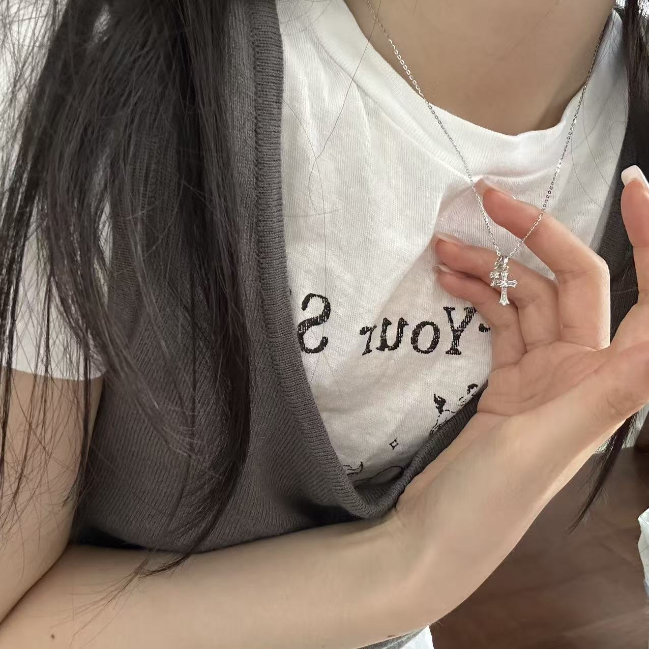 韩版s925纯银镶钻十字架锆石项链女简约时尚轻奢精致气质锁骨链