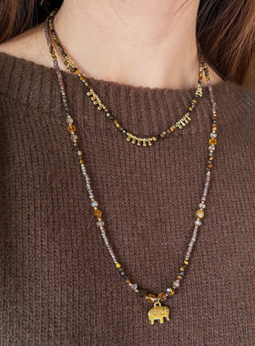 天然虎眼石项链长款毛衣链女小象吊坠复古小众设计感轻奢叠戴项链