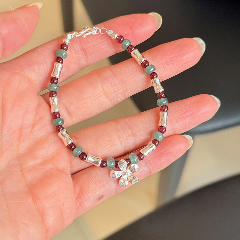 s925纯银石榴石危蓝翡翠花朵手链女简约手工设计甜美串珠银手饰