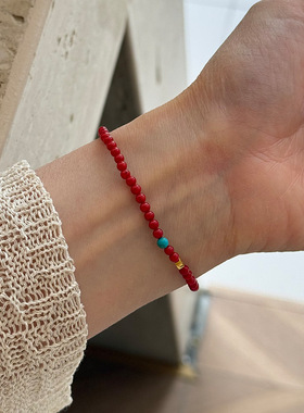 国风新款925纯银染色珊瑚钱币手链女新中式设计弹力绳款串珠手串