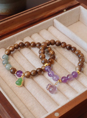 寺院爆款新中式天然沉香木紫水晶手链女葫芦钱袋挂饰文玩手串礼物