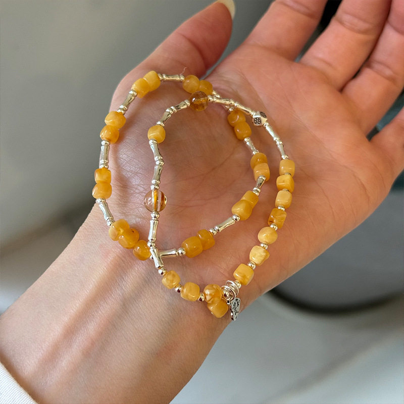 新款s925纯银蜜蜡方糖竹节爱心手链女简约新中式设计轻奢精致手串