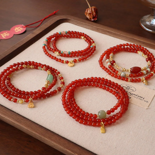 新中式国风天然红玛瑙手串三圈叠截图手链高级感设计串珠新年礼物