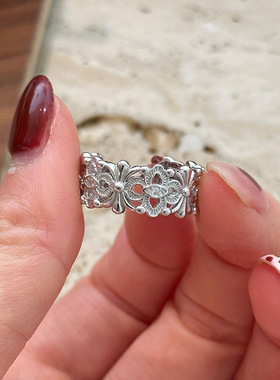 新款s925纯银镂空镶钻花朵戒指女简约轻奢港风个性精致开口指环