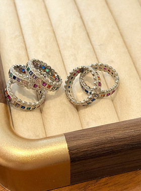 新款s925纯银蕾丝彩虹锆石戒指女轻奢小众设计精致高级冷淡风戒子