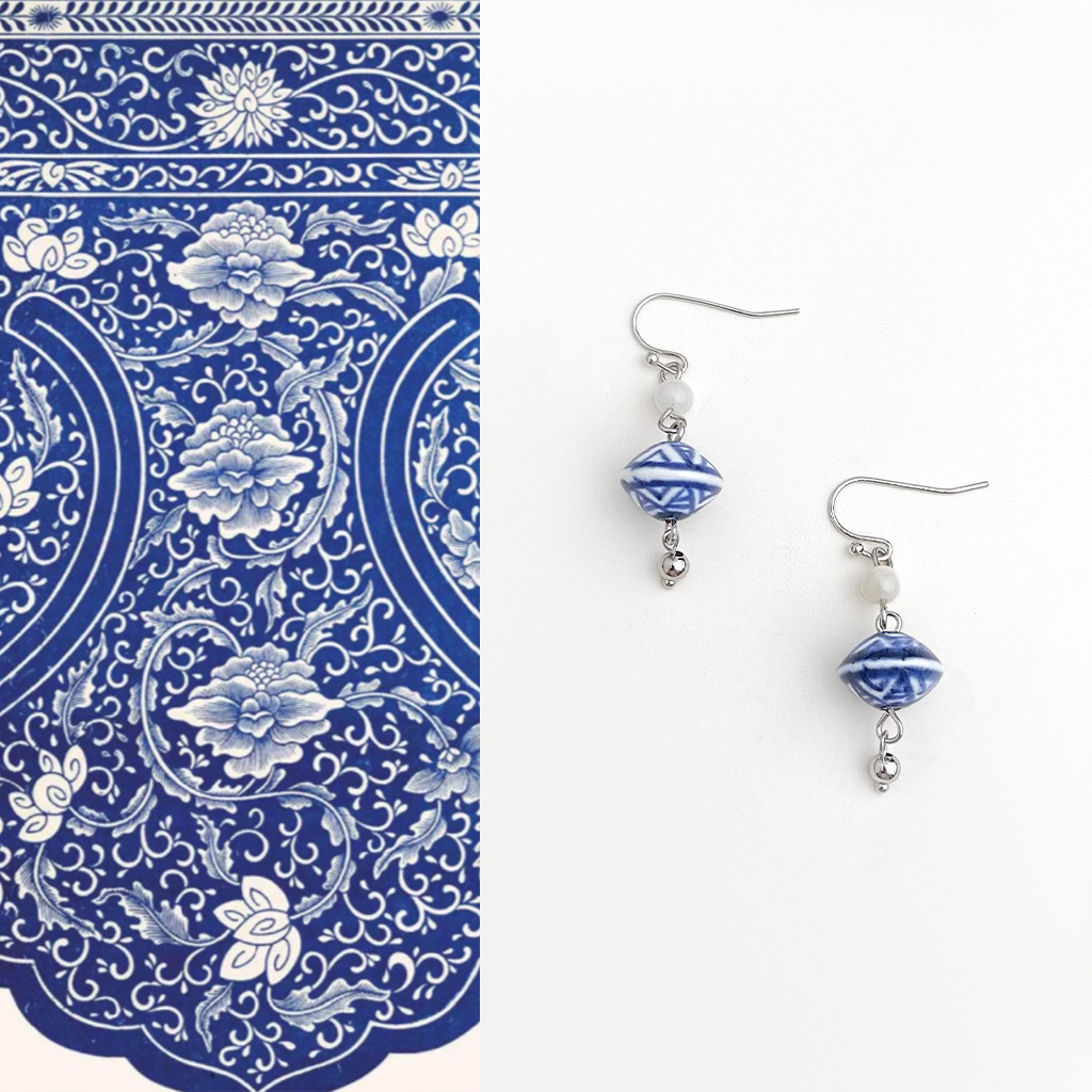 国潮手作新中式青花瓷陶瓷耳环小众国风文艺复古民族风耳钩耳饰女