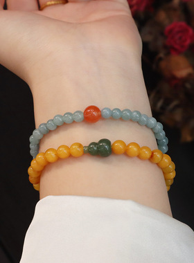 新款国风天然蓝水翡翠手串蜜蜡和田玉葫芦手链新中式高级感手饰品