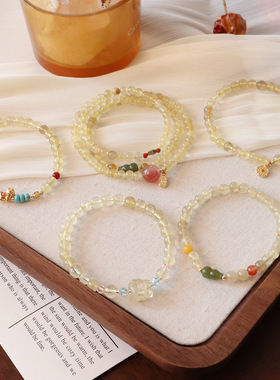 天然水晶手链女黄发晶三圈紫水晶和田玉黄水晶高级感串珠手串饰品