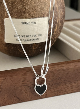 通体s925纯银不对称链条爱心锁头项链女简约时尚百搭个性锁骨链