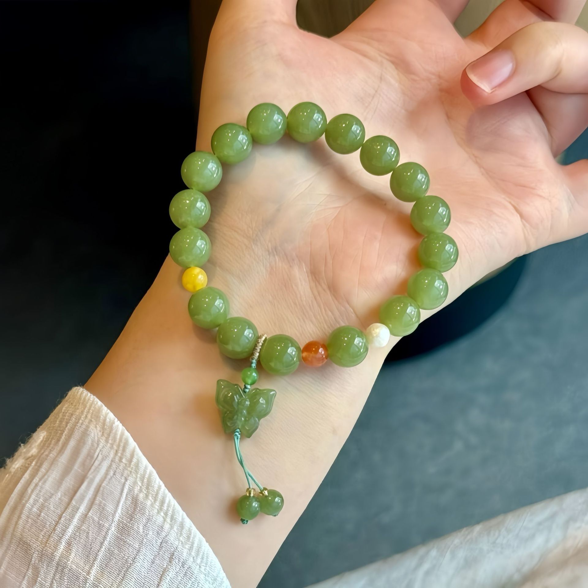 新中式和田玉青黄口手串天然玉石蝴蝶吊坠DIY设计款女款显白手链