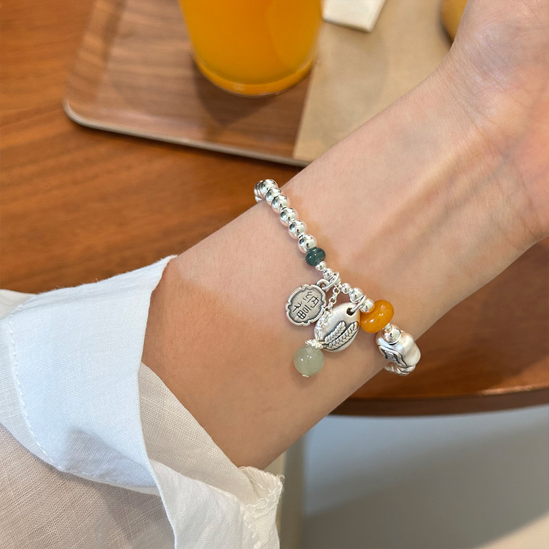 新款999足银招财纳福竹节蜜蜡手链女简约新中式国风串珠手串礼物