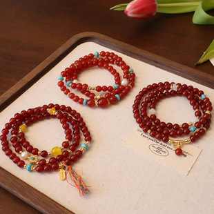 天然石红玛瑙串珠手串女小众时尚多圈百搭轻奢高级感显白三圈手链