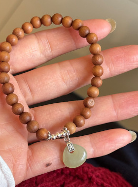 S925纯银和田玉檀木串珠手链女国风简约手工弹力绳款设计文玩手串