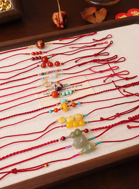 国风手作编织天然石红绳手链纯银本命年手绳宝藏饰品蜜蜡学生礼物