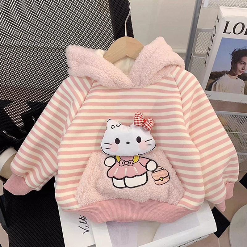 女童宝宝洋气条纹粉红卫衣中小童立体小猫咪秋冬新款长袖套头衫潮