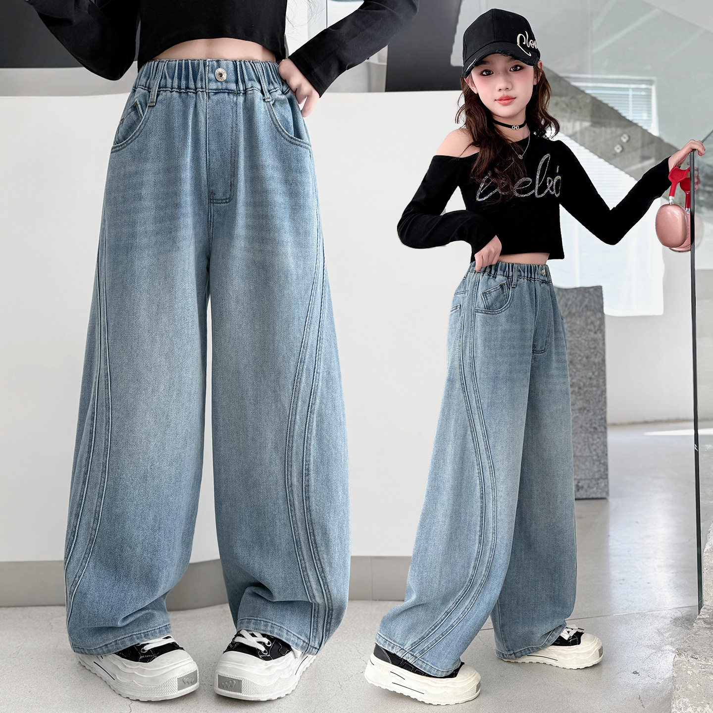 女童裤子春秋2026新款洋气大童牛仔裤韩版宽松直筒春季儿童阔腿裤