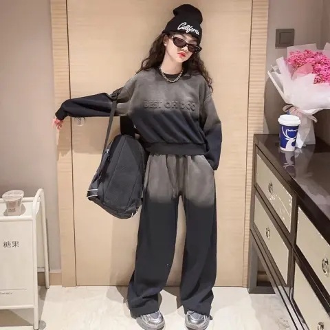 女童2025时尚炸街卫衣两件春秋新款中大童渐变感休闲运动套装