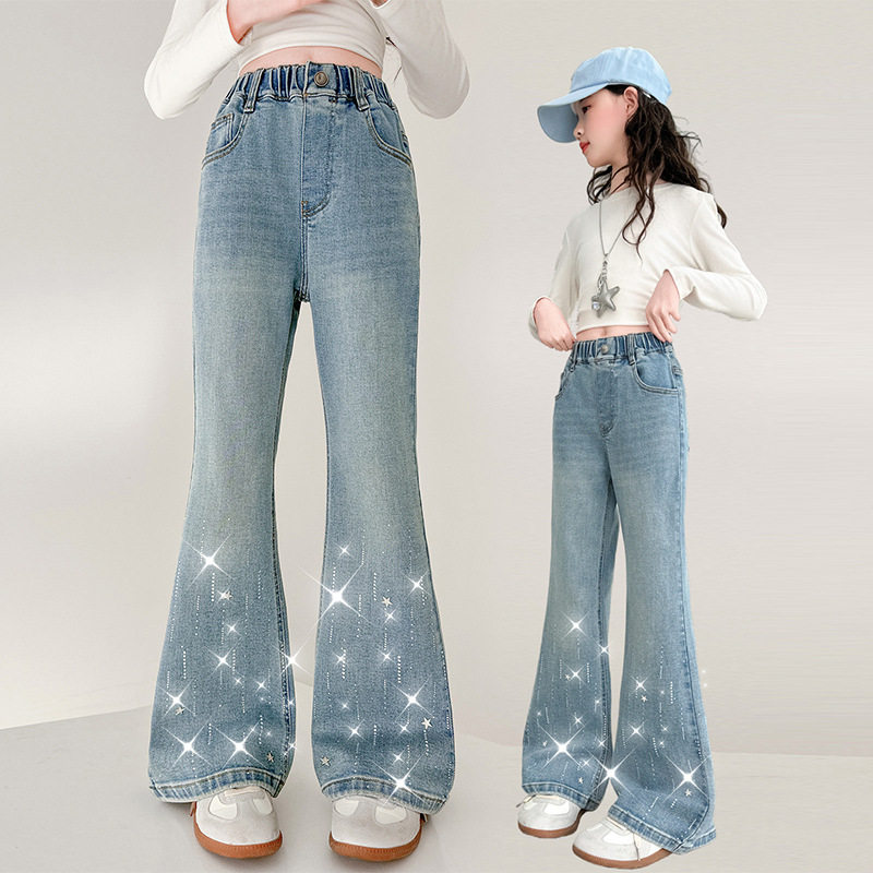 女童牛仔裤春秋2026新款儿童烫钻韩版儿童超好看女孩阔脚微喇叭裤