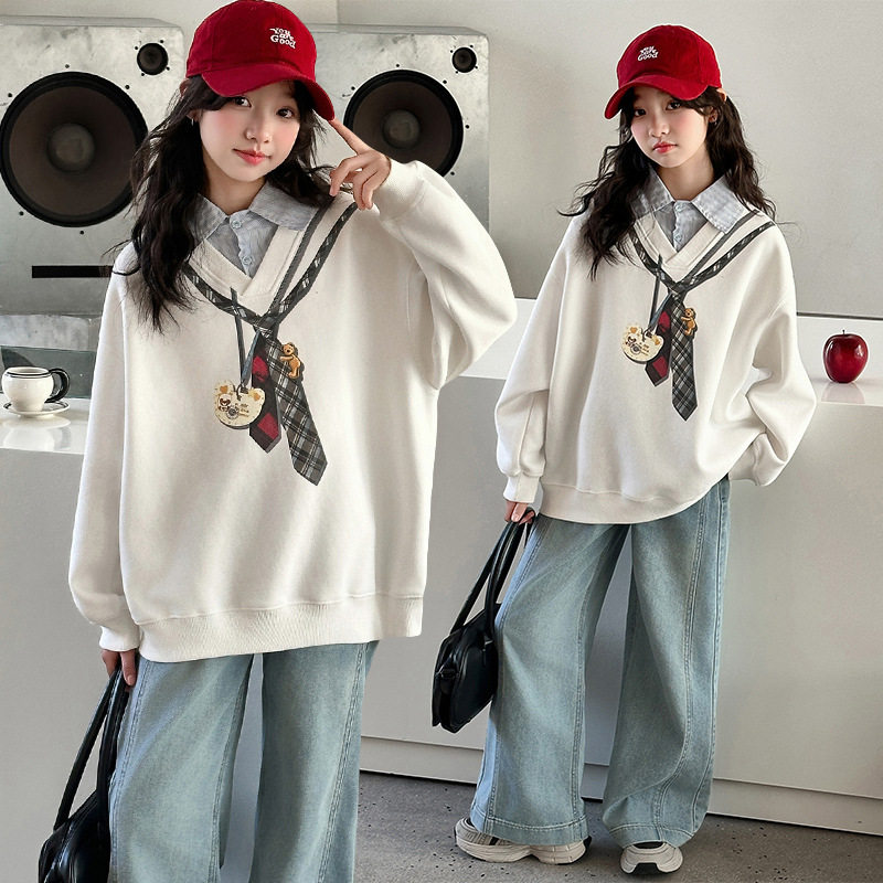 女童春装卫衣学院风中大童假两件打底衫2026新款儿童时尚女孩上衣