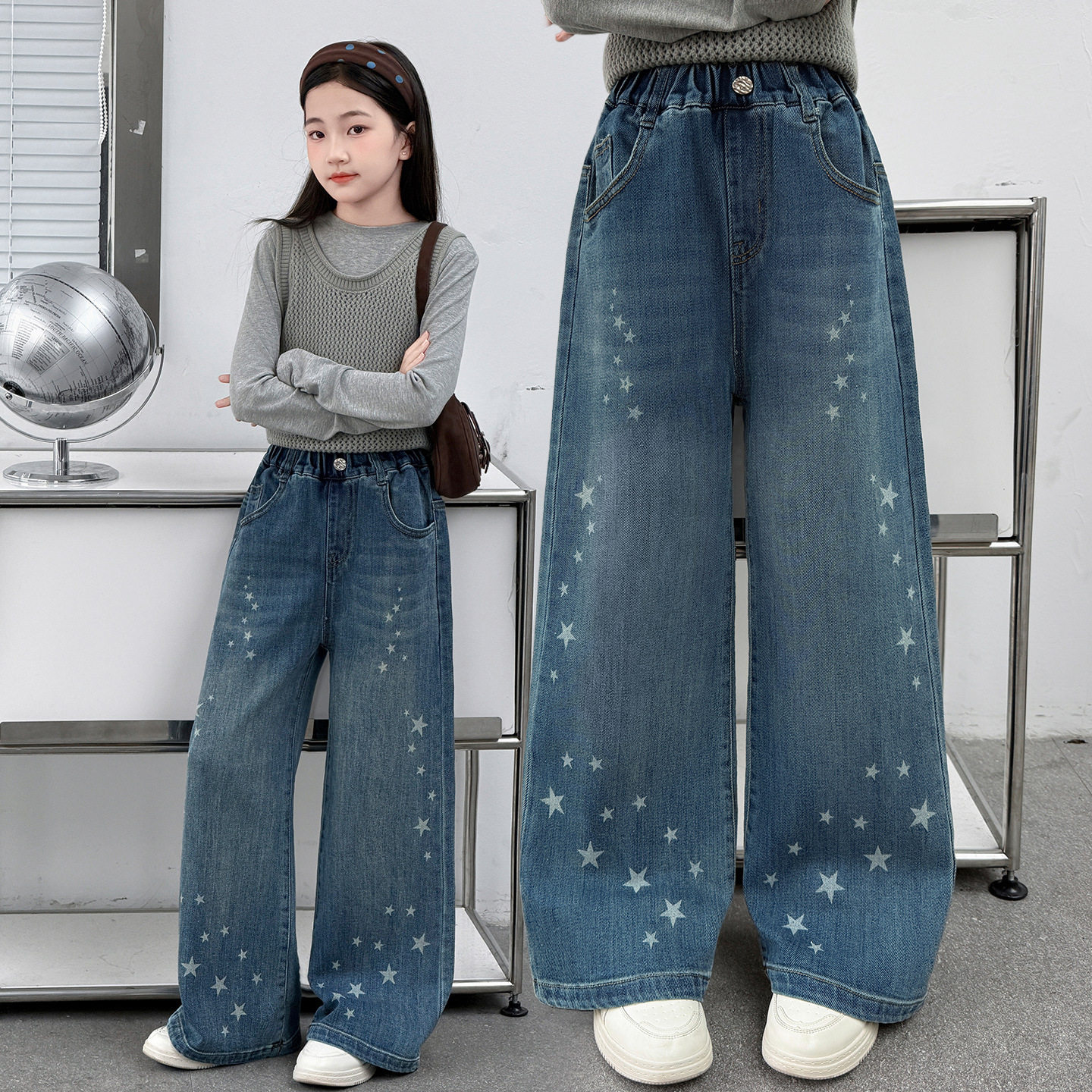 女童牛仔裤秋装2026新款儿童星星印花直筒裤女宝松紧腰宽松长裤子