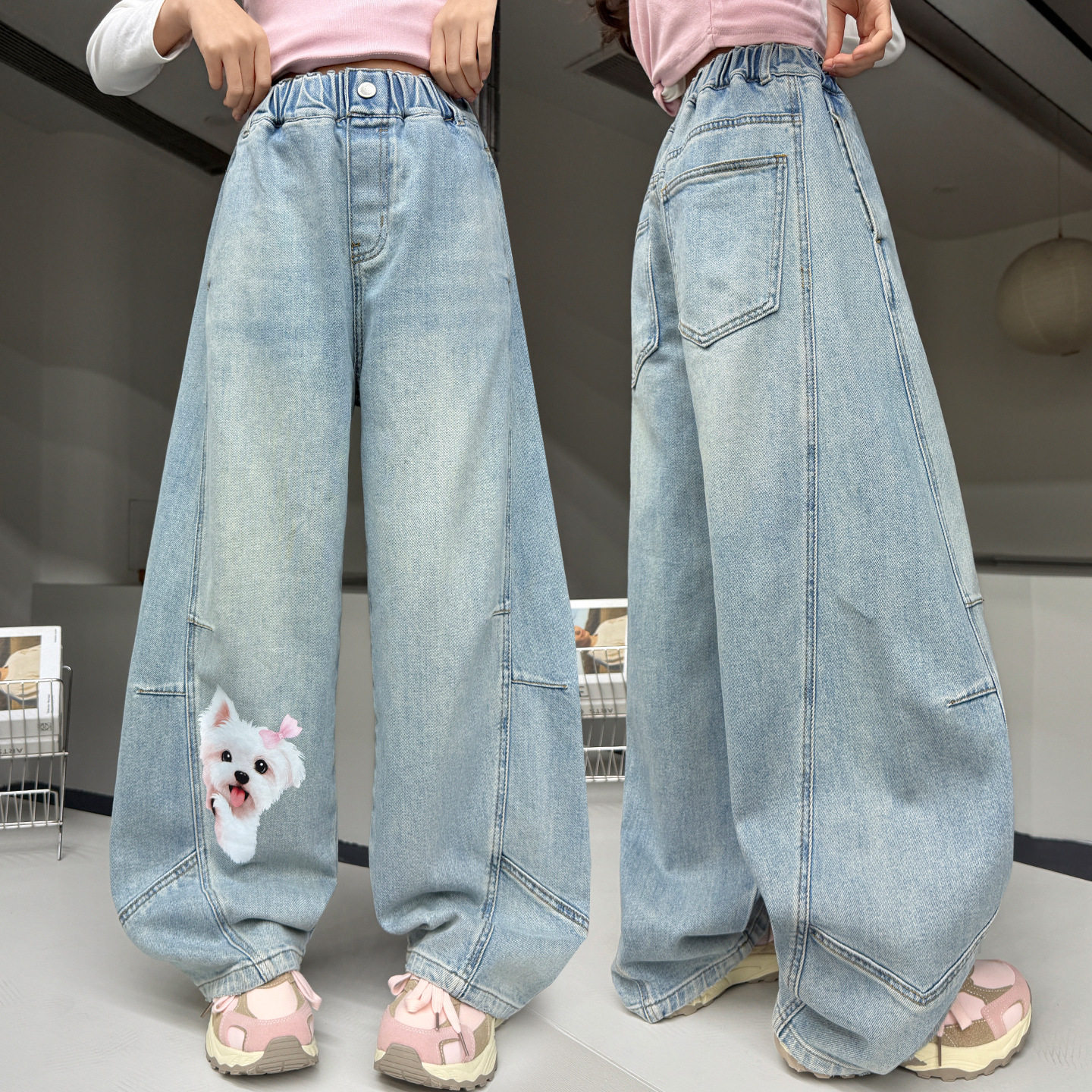 女童可爱狗弯刀裤儿童春秋季牛仔宽松女大童初中生直筒长裤阔腿裤