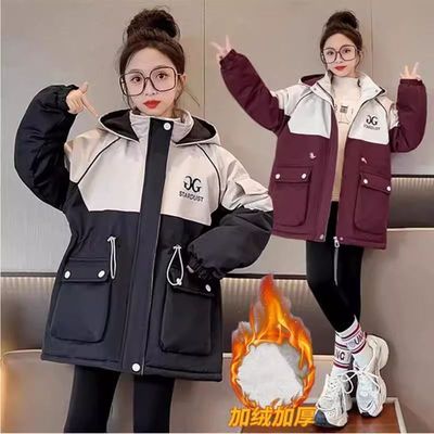 女童2025新款中大童冬装棉服外套加绒加厚棉衣中长款派克服儿童