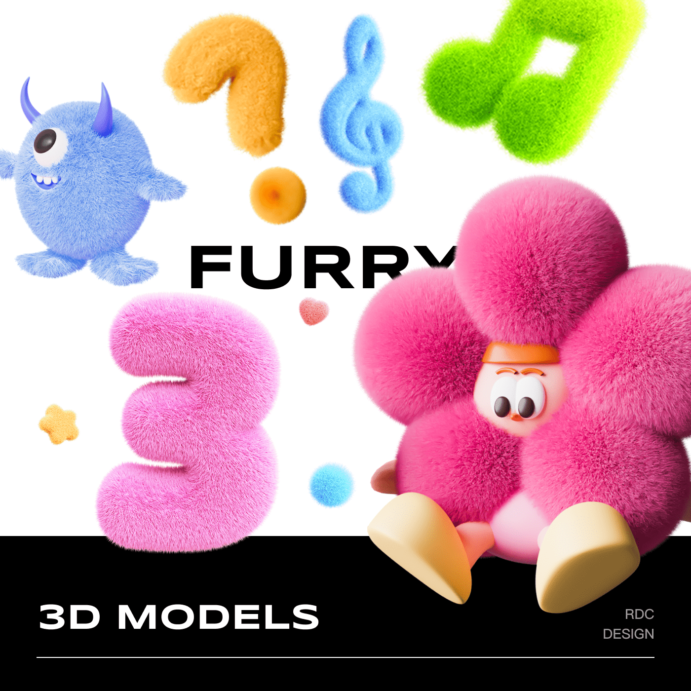 3D毛绒风毛毡风花朵音符数字星星Y2K模型设计素材PNG Blender109