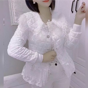 早春二棉外套娃娃领拼接蕾丝重工钉珠上衣夹棉小香风上衣洋气减龄