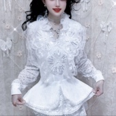 荷叶上衣洋气显瘦打底衫 时尚 女修身 太阳花钉珠亮片波浪花朵蕾丝衫