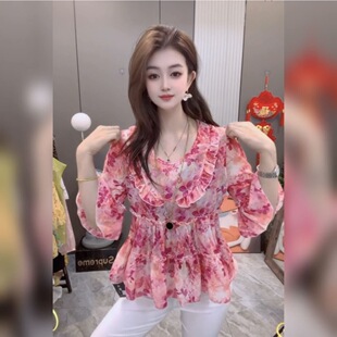韩版荷叶边七分袖碎花雪纺衫上衣女夏季爆款宽松时尚衬衫洋气小衫