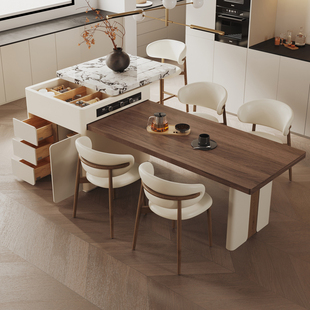 中古风岛台餐桌一体家用吧台可伸缩宝格丽白岩板北美黑胡桃中岛台