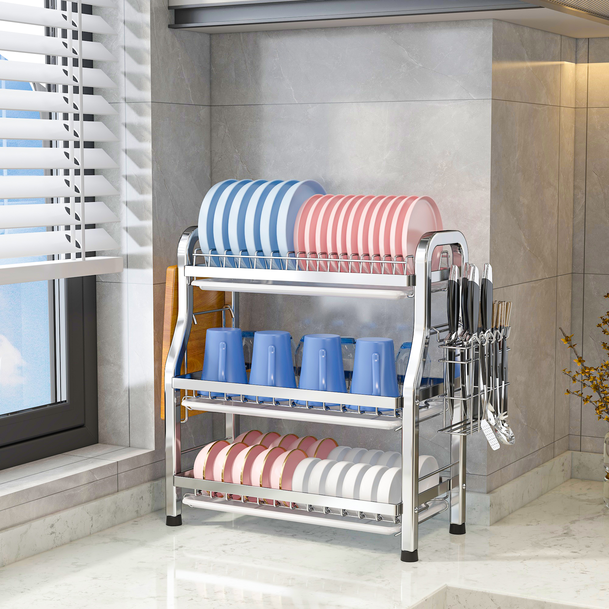 不锈钢碗碟收纳架沥水碗盘架碗架台面厨房多功能餐具收纳架置物架