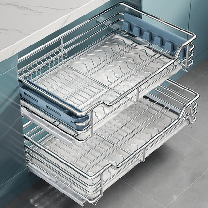 尔沫拉篮厨房橱柜碗篮304不锈钢双层抽屉式收纳碗碟架柜厨柜拉蓝
