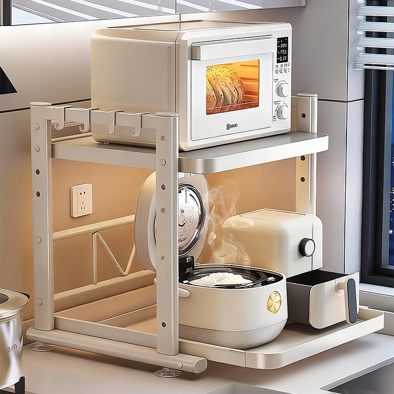 厨房微波炉架子可抽拉置物架多功能双层家用台面烤箱电饭煲收纳架