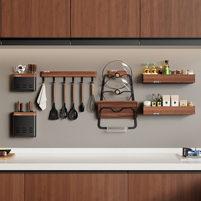 胡桃木厨房调料置物架中古风套装免打孔家用壁挂油盐酱醋瓶罐墙上
