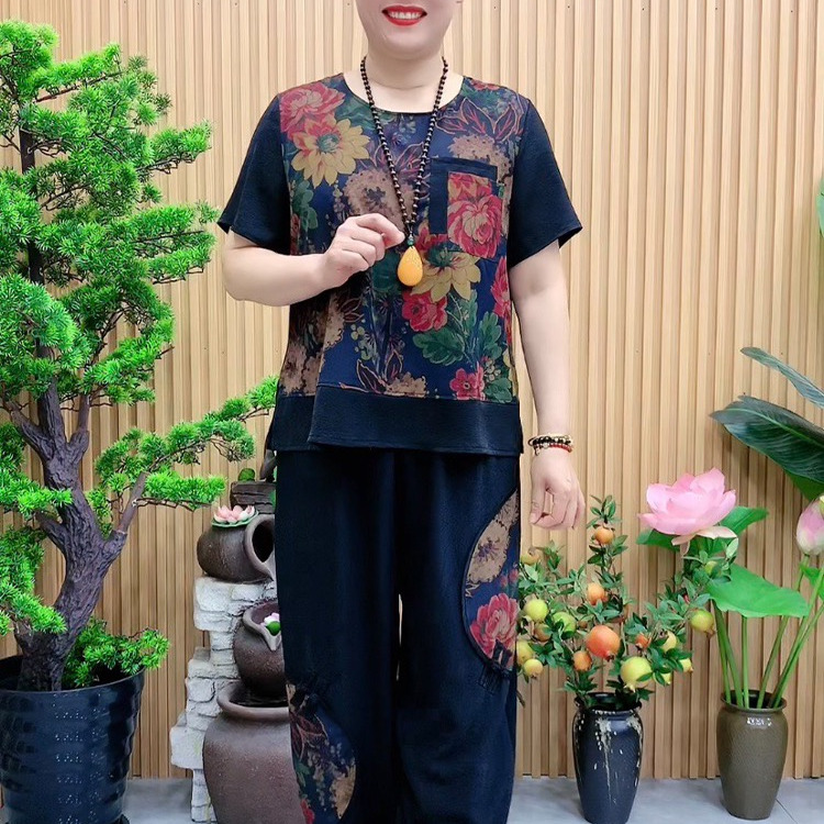 2025年夏装新款中老年女装仿真丝套装女洋气妈妈装夏季大码两件套