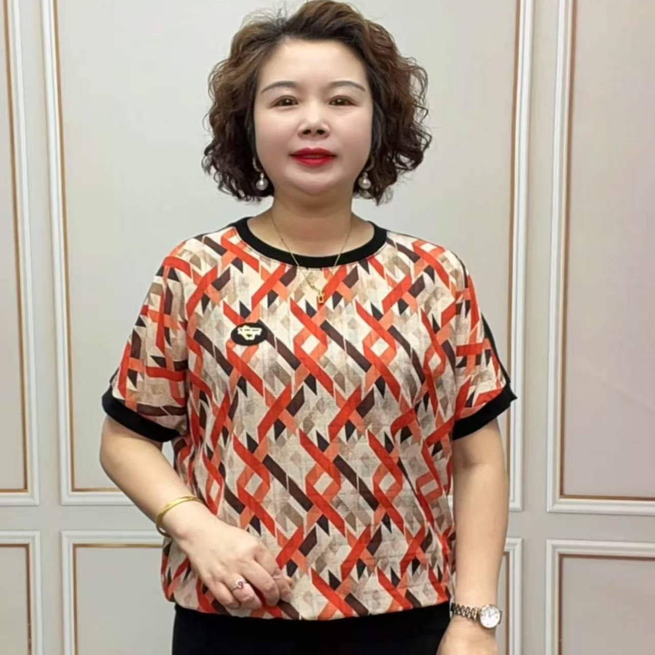 妈妈夏装圆领印花短袖T恤雪纺衫