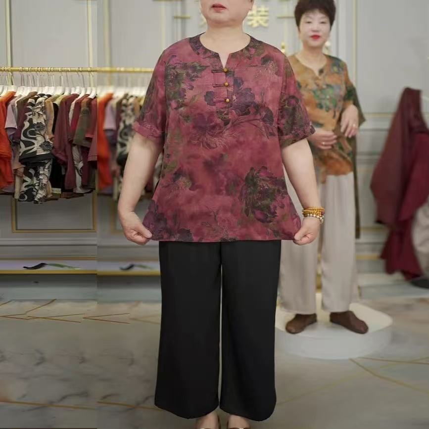 妈妈装国风大码缎面印花2025夏季新款中老年人宽松显瘦上衣两件套