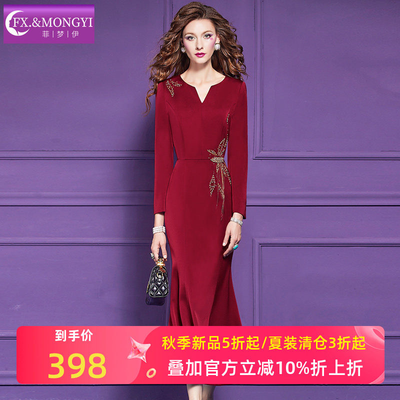 菲梦伊原创钉珠红色连衣裙女长袖秋装高端气质时尚V领妈妈晚礼服图片