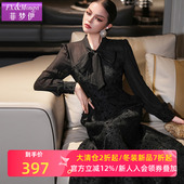 菲梦伊亮片黑色蝴蝶结衬衫 高端名媛A字裙子 法式 连衣裙女长袖 秋装