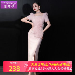 菲梦伊进口三醋酸立体花朵连衣裙女夏装气质女人味修身方领礼服裙