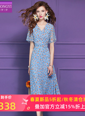 菲梦伊蓝色印花连衣裙女短袖夏装年轻款法式减龄收腰超仙显瘦裙子
