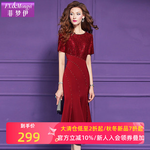 菲梦伊原创设计感钉珠红色连衣裙女夏装 本命年轻奢名媛气质鱼尾裙
