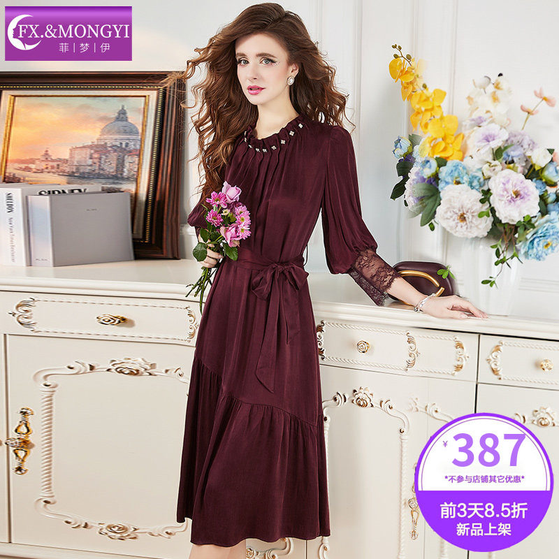 菲梦伊钉珠蕾丝红色连衣裙女春季法式优雅系带收腰显瘦中长款裙子