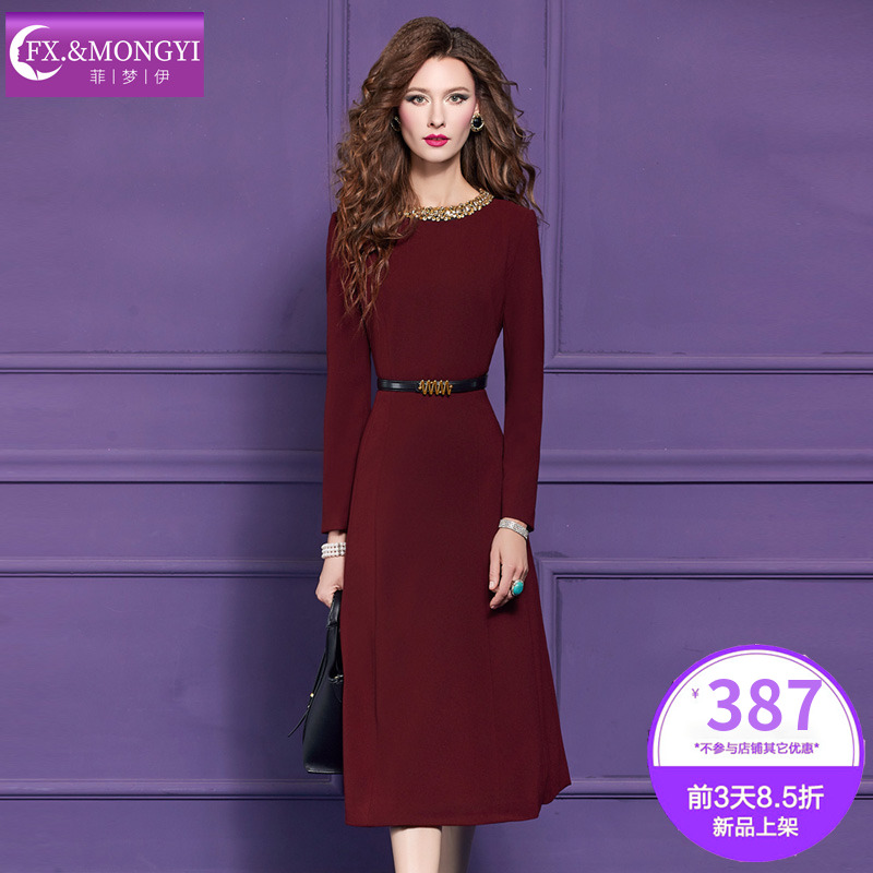 菲梦伊原创钉珠红色连衣裙女冬季高端轻熟风优雅气质中长款大摆裙