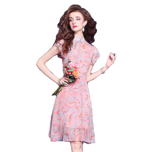 菲梦伊新中式印花粉色连衣裙女夏季年轻款法式甜美国风旗袍短裙子