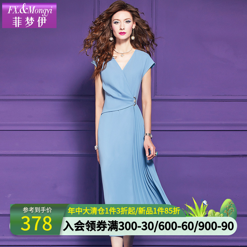 菲梦伊蓝色连衣裙女短袖夏装法式气质优雅拼接收腰V领百褶中长裙