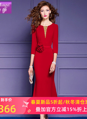 菲梦伊红色连衣裙女春季新款本命年高级感气质修身亮片钉珠长裙子