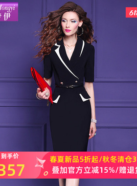 菲梦伊黑色西装连衣裙女夏季干练通勤时尚气质商务正式场合中长裙