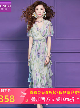 菲梦伊荷叶边印花连衣裙女短袖夏季法式淑女减龄收腰超仙度假长裙